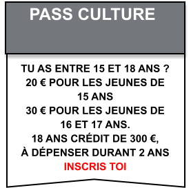 Tu as entre 15 et 18 ans ? 20 € pour les jeunes de  15 ans  30 € pour les jeunes de  16 et 17 ans. 18 ans crédit de 300 €,  à dépenser durant 2 ans Inscris toi pass culture