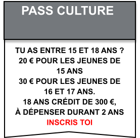 Tu as entre 15 et 18 ans ? 20 € pour les jeunes de  15 ans  30 € pour les jeunes de  16 et 17 ans. 18 ans crédit de 300 €,  à dépenser durant 2 ans Inscris toi pass culture