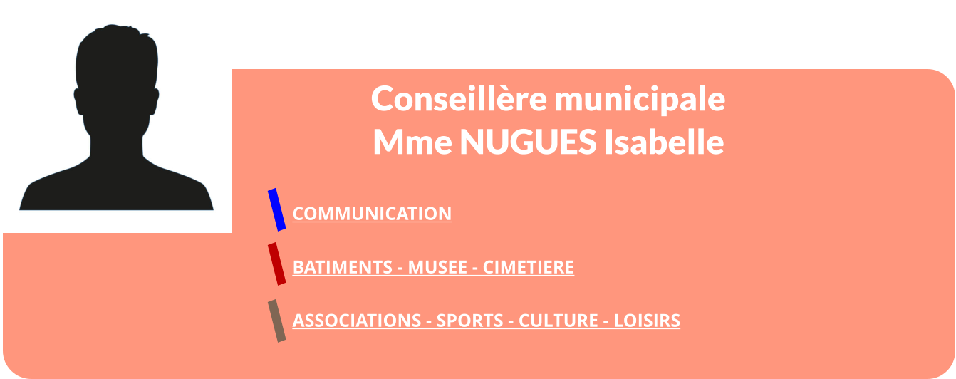 Conseillère municipale Mme NUGUES Isabelle  COMMUNICATION  BATIMENTS - MUSEE - CIMETIERE   ASSOCIATIONS - SPORTS - CULTURE - LOISIRS