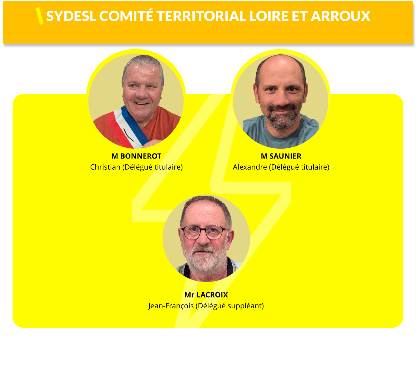 M BONNEROT Christian (Délégué titulaire)   Mr LACROIX Jean-François (Délégué suppléant)   SYDESL Comité Territorial Loire et Arroux M SAUNIER Alexandre (Délégué titulaire)