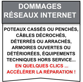 Poteaux cassés ou penchés,  câbles décrochés,  déterrés ou arrachés,  armoires ouvertes ou  détériorées, équipements  techniques hors service...  en quelques clics ...  accélérer la réparation ! Dommages   Réseaux internet